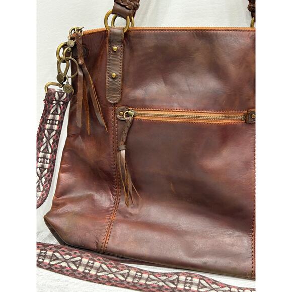 The Sak Brown Leather Boho Braided Strap Zip Pocket Tote Shoulder Crossbody Bag - Picture 6 of 16